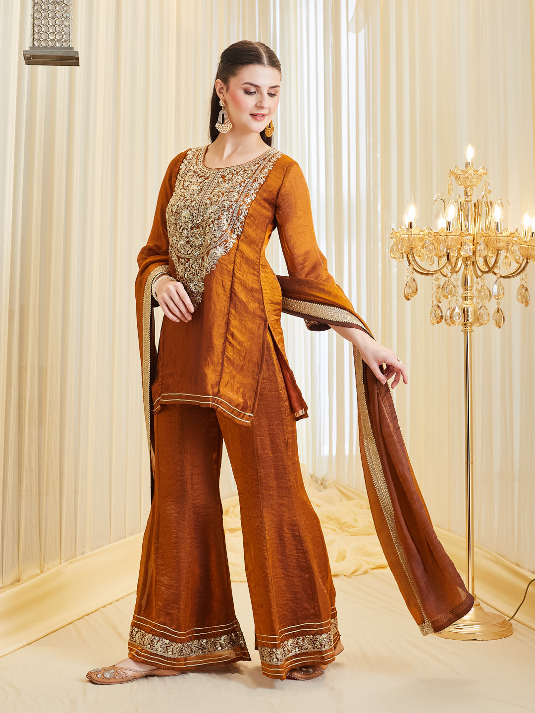 Women's Embroidered Premium Rust Silk Handwork Sharara Set with Dupatta