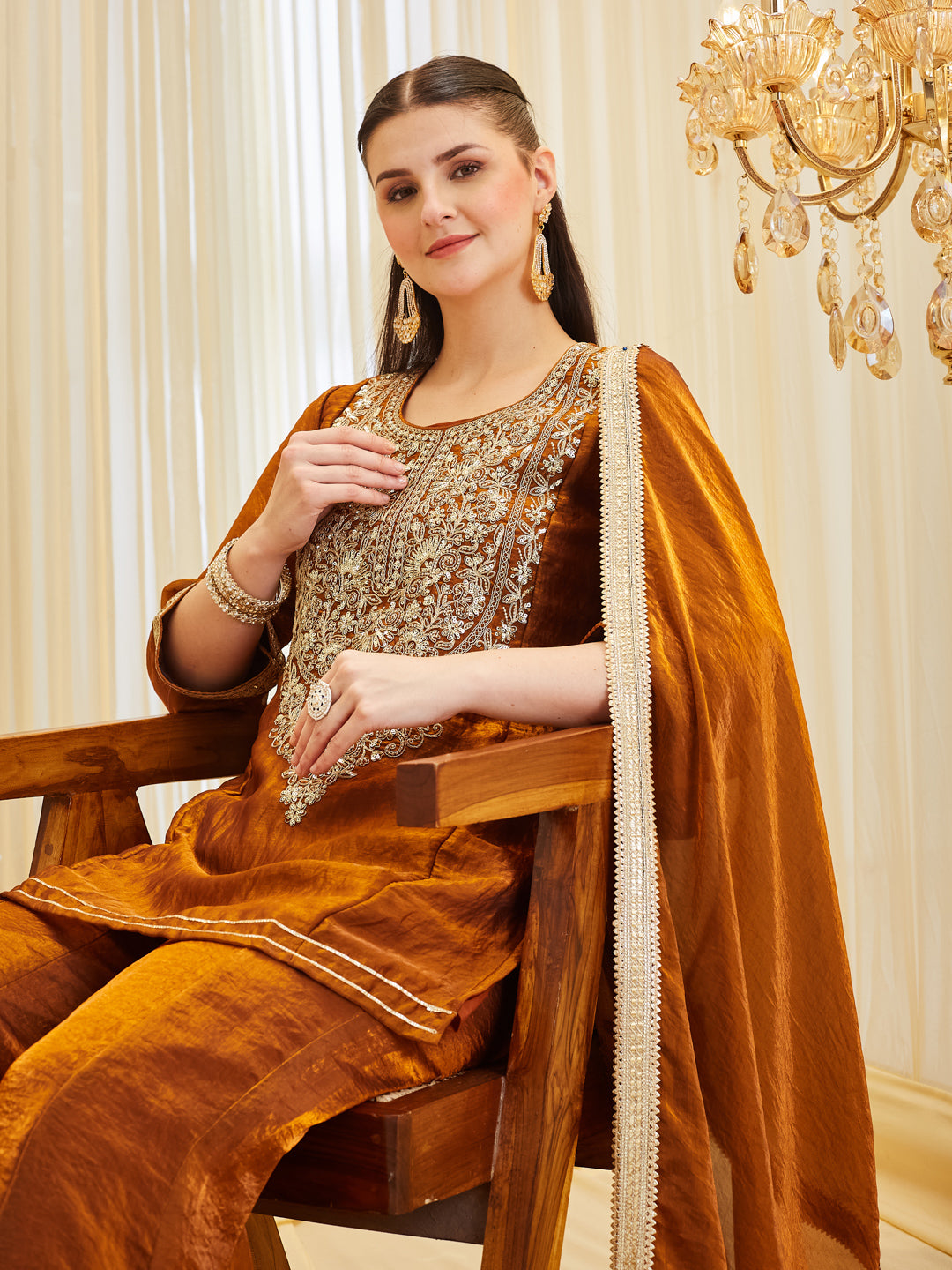 Women's Embroidered Premium Rust Silk Handwork Sharara Set with Dupatta
