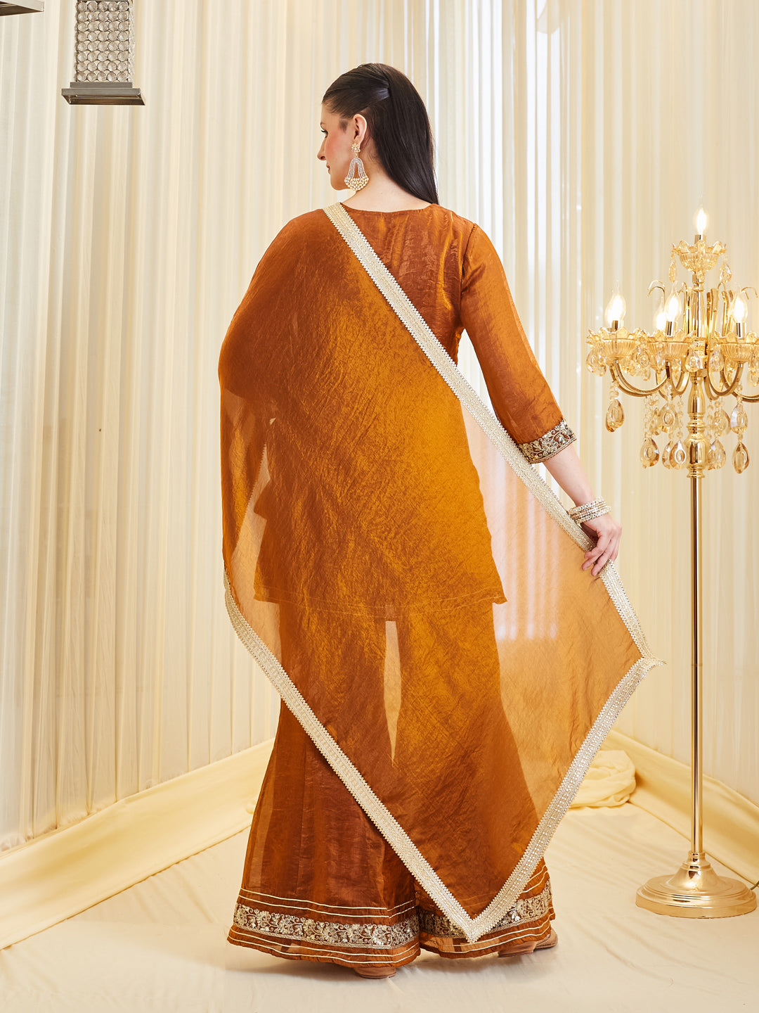 Women's Embroidered Premium Rust Silk Handwork Sharara Set with Dupatta