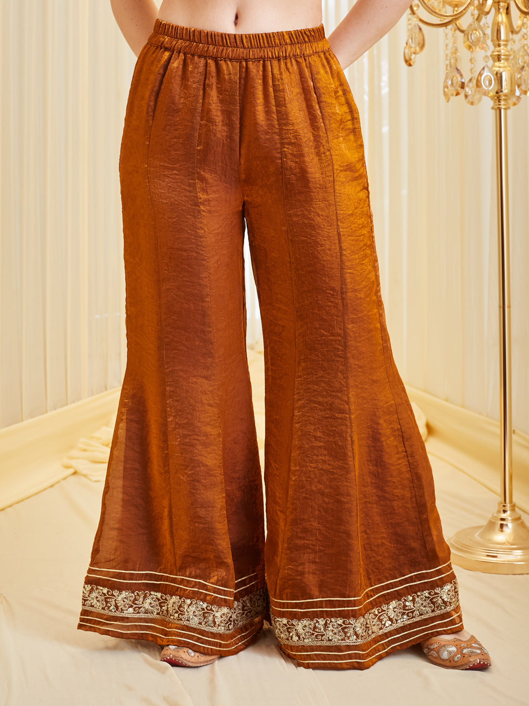 Women's Embroidered Premium Rust Silk Handwork Sharara Set with Dupatta
