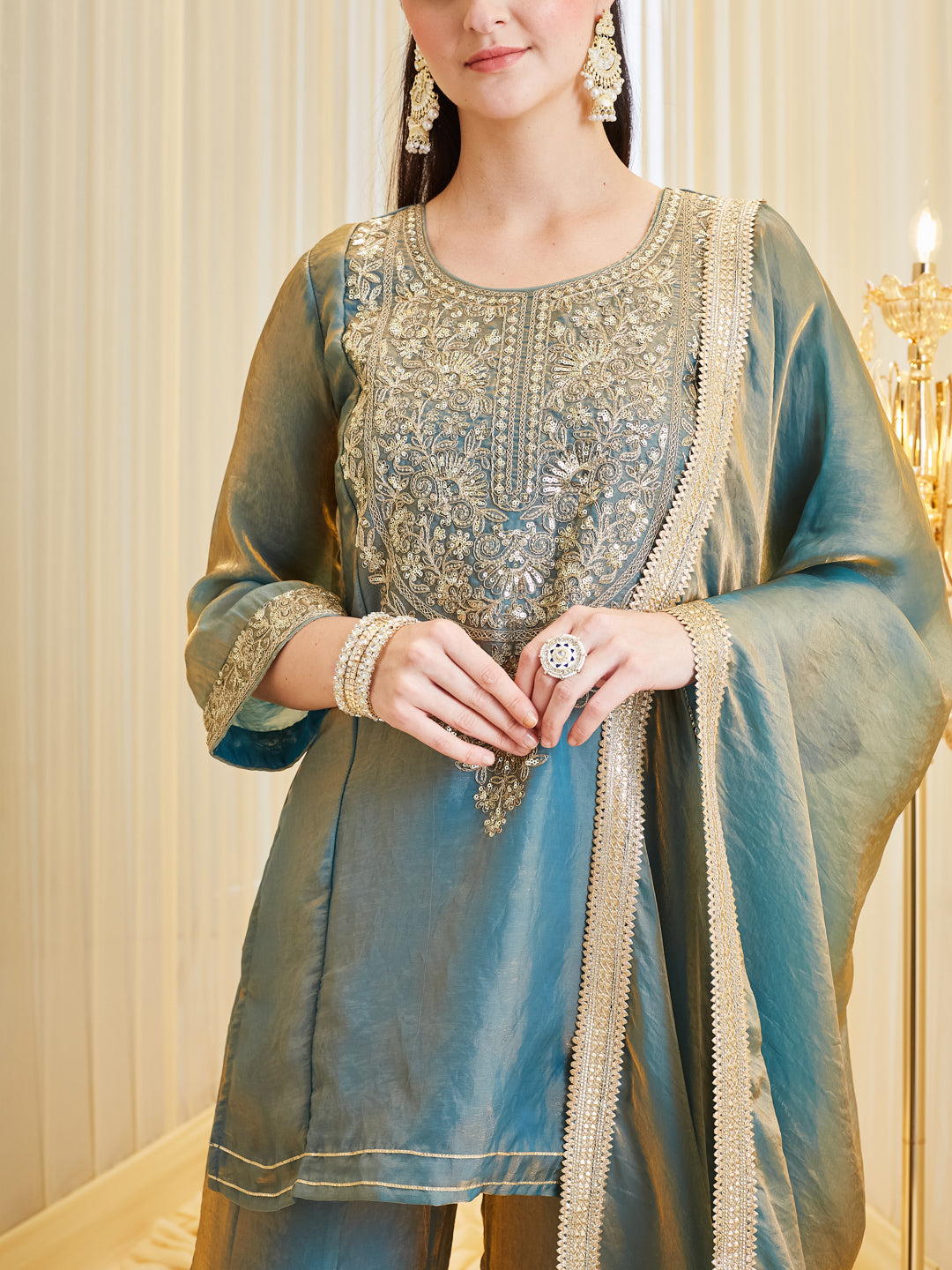 Blue Festive Silk Embroidered Handwork Sharara Suit Set for Women
