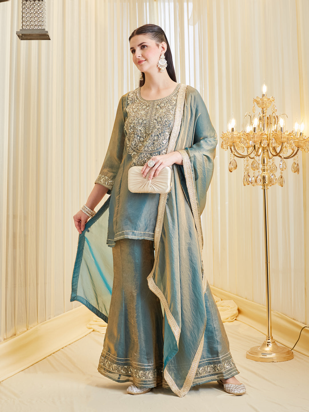 Blue Festive Silk Embroidered Handwork Sharara Suit Set for Women