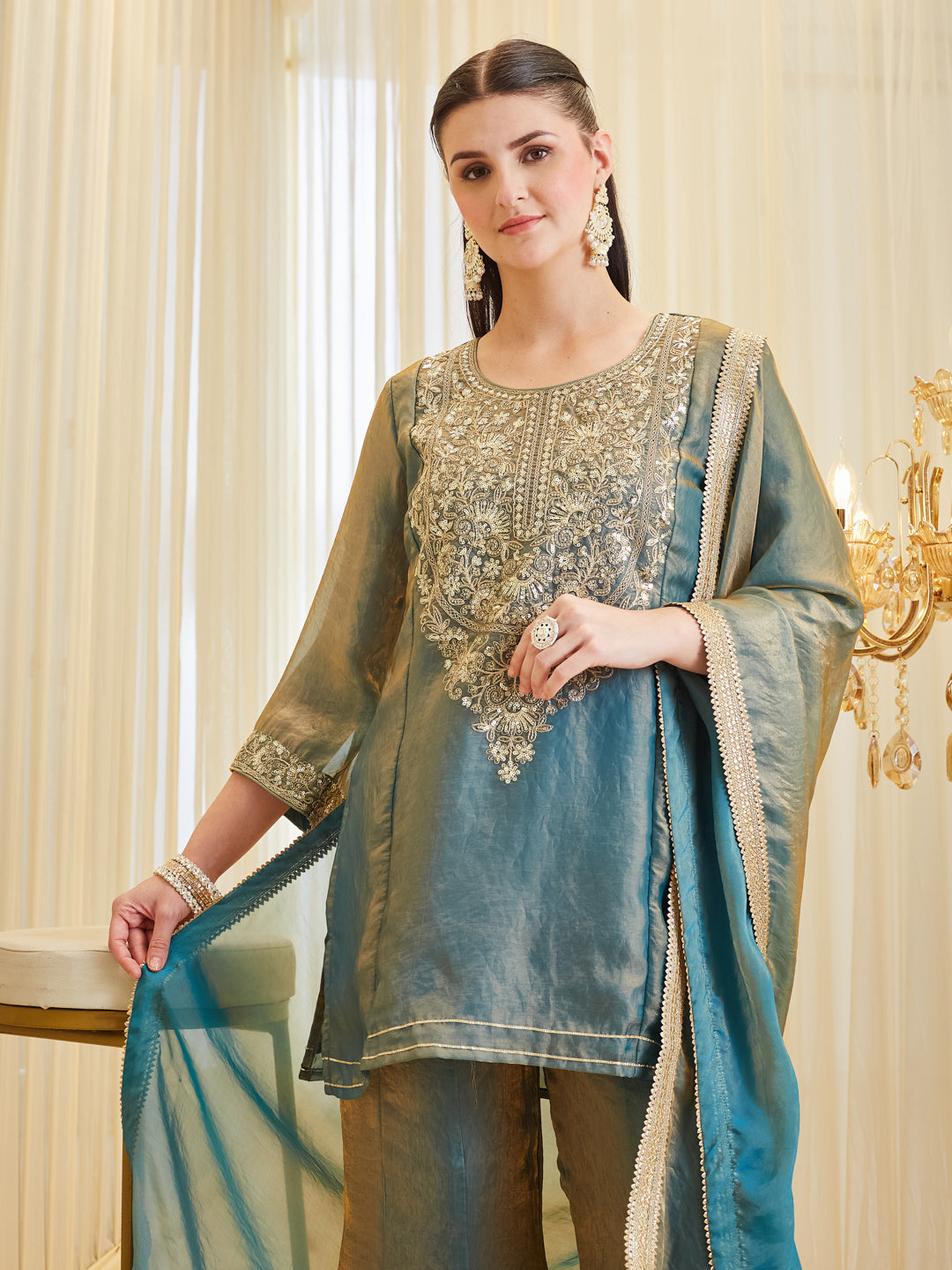 Blue Festive Silk Embroidered Handwork Sharara Suit Set for Women