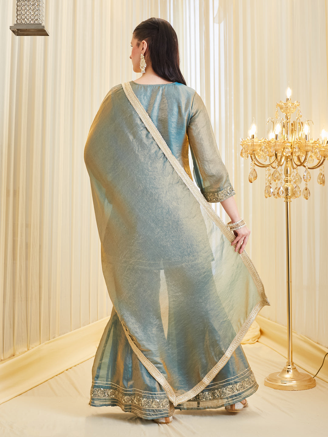 Blue Festive Silk Embroidered Handwork Sharara Suit Set for Women
