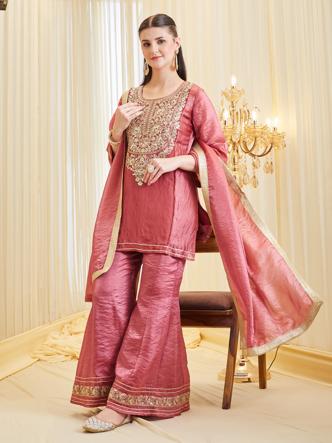 Women's Pink Ethnic Sharara Set with Heavy Handwork Embroidery
