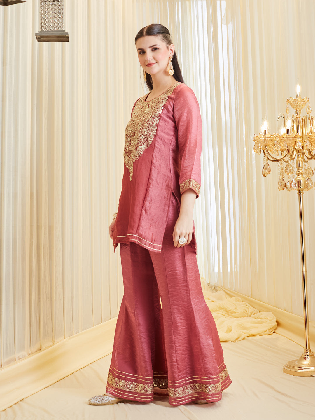 Women's Pink Ethnic Sharara Set with Heavy Handwork Embroidery