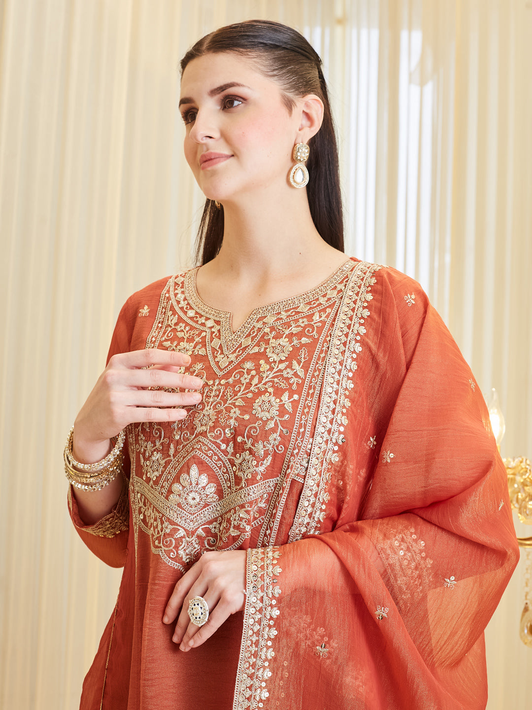 Orange Silk Embroidered Anarkali Palazzo With Dupatta Set For Women