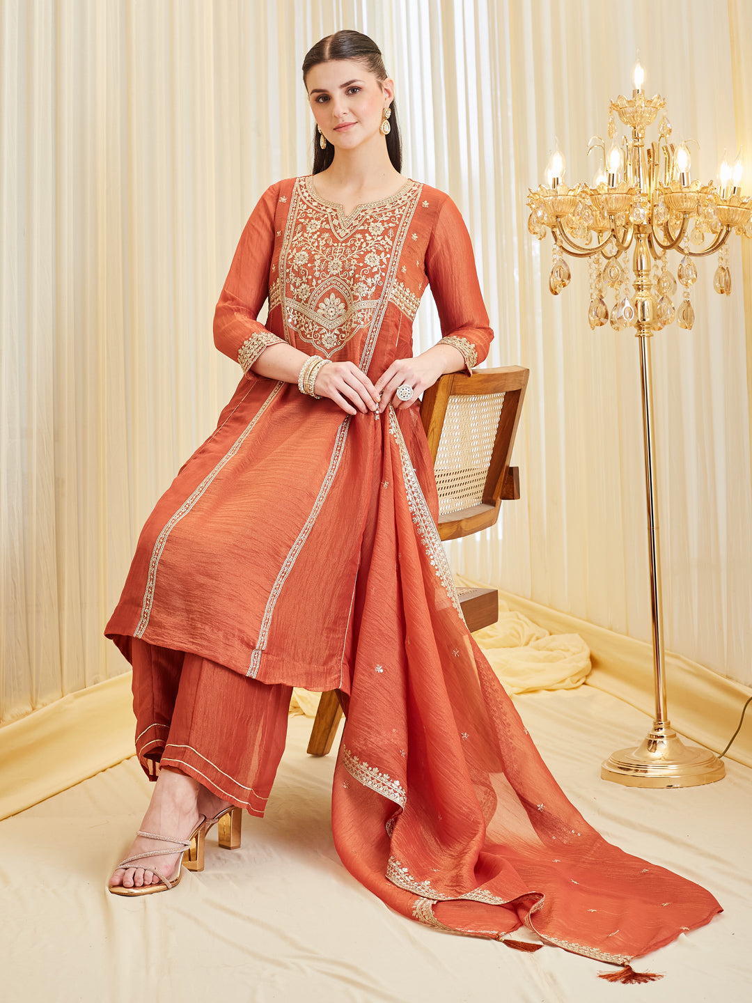 Orange Silk Embroidered Anarkali Palazzo With Dupatta Set For Women