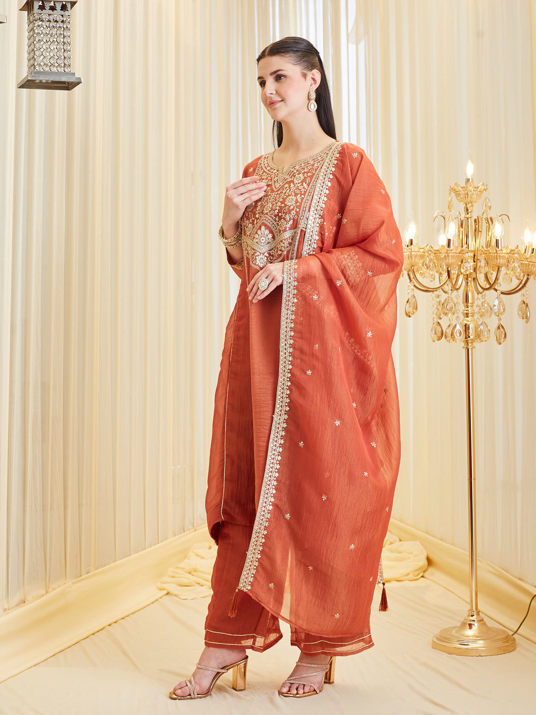 Orange Silk Embroidered Anarkali Palazzo With Dupatta Set For Women