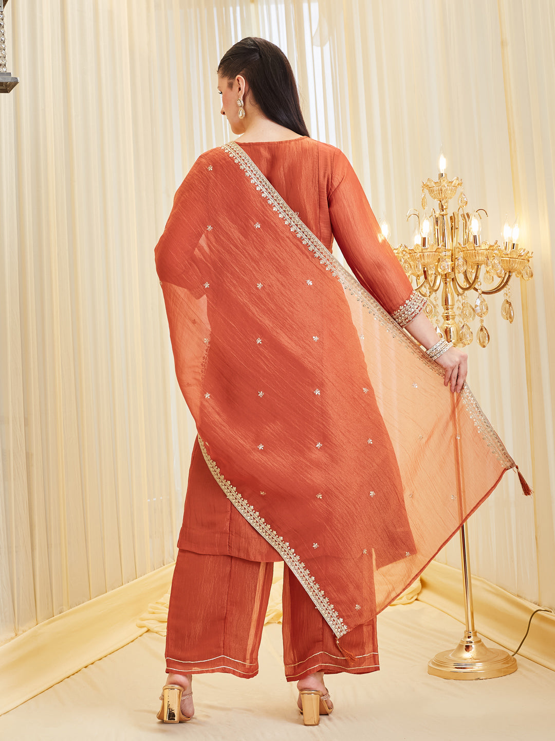 Orange Silk Embroidered Anarkali Palazzo With Dupatta Set For Women