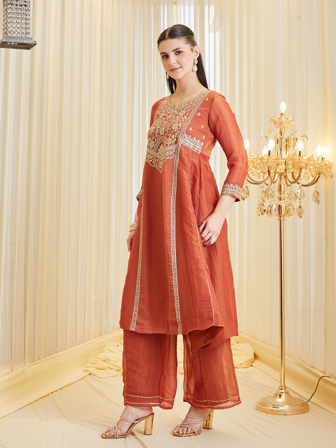 Orange Silk Embroidered Anarkali Palazzo With Dupatta Set For Women