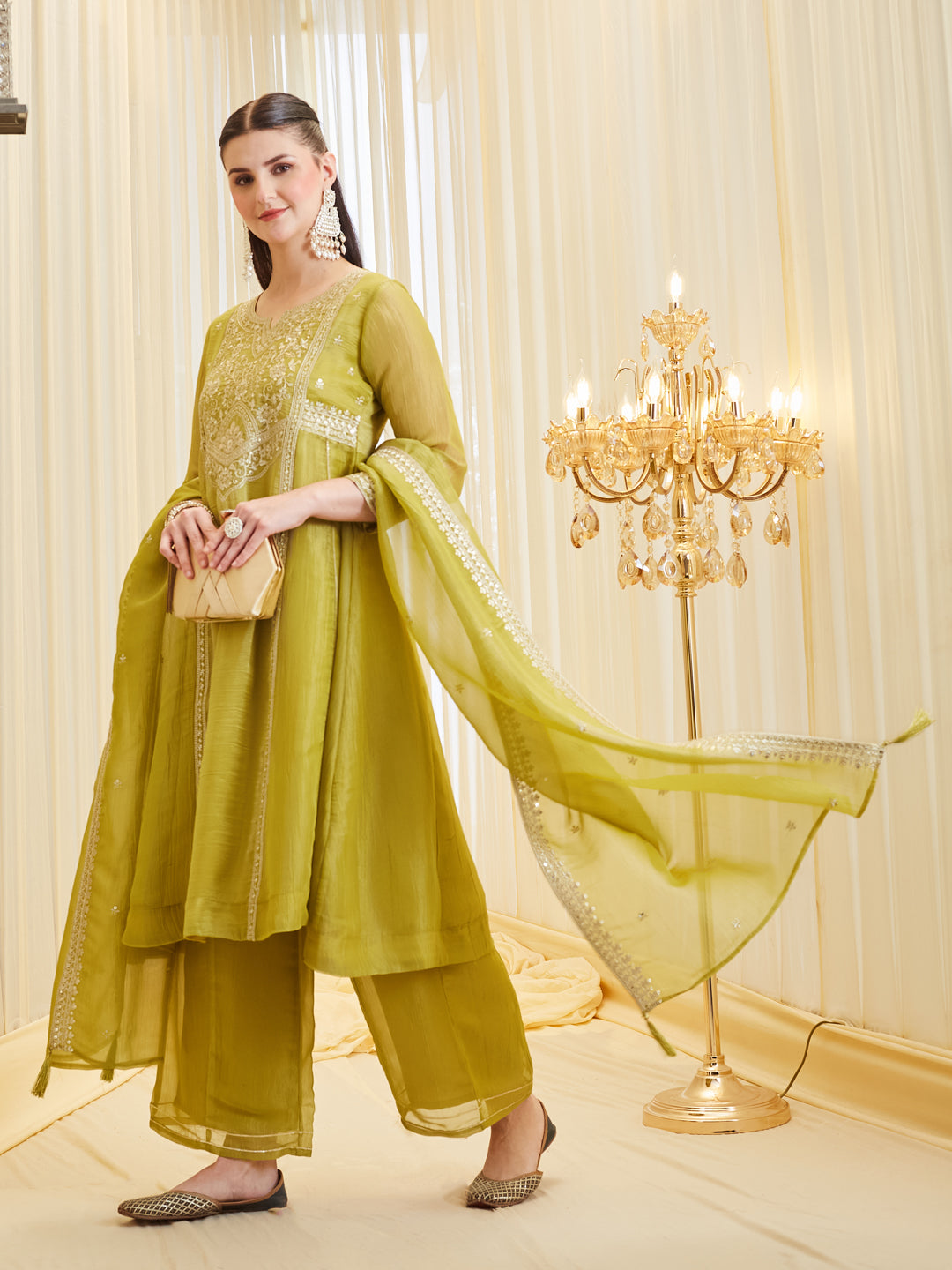 Neon Premium Silk Zari Embroidered Ethnic Palazzo Set With Dupatta For Women