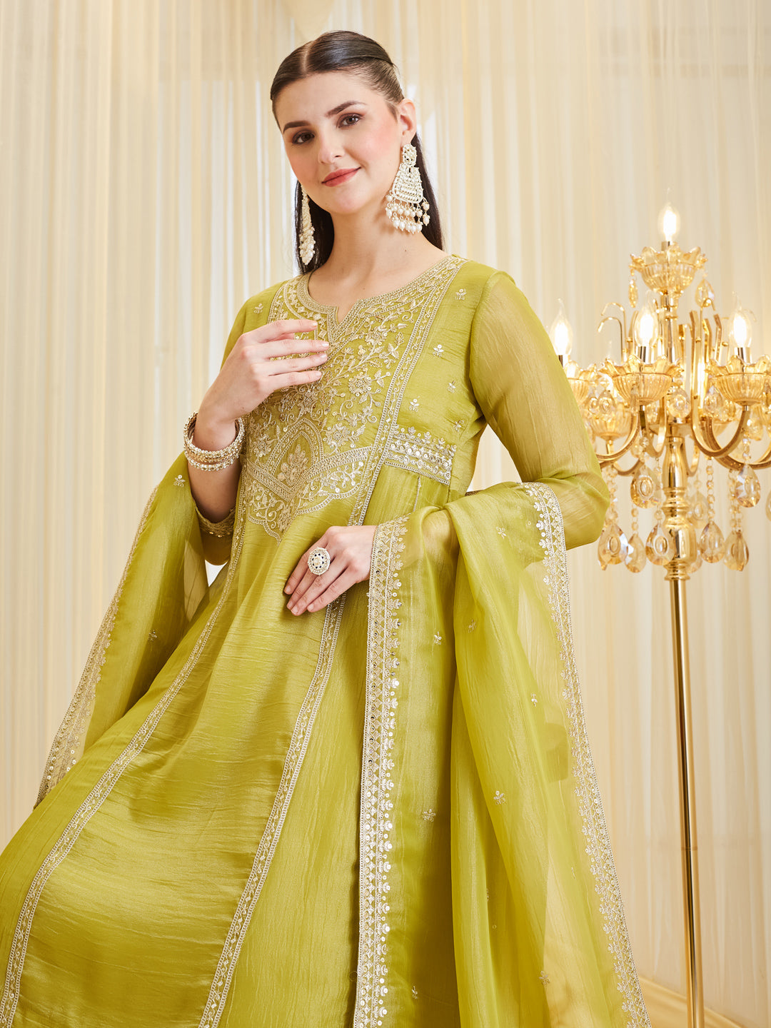 Neon Premium Silk Zari Embroidered Ethnic Palazzo Set With Dupatta For Women