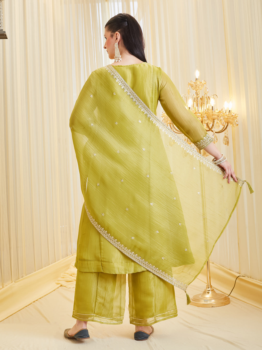 Neon Premium Silk Zari Embroidered Ethnic Palazzo Set With Dupatta For Women