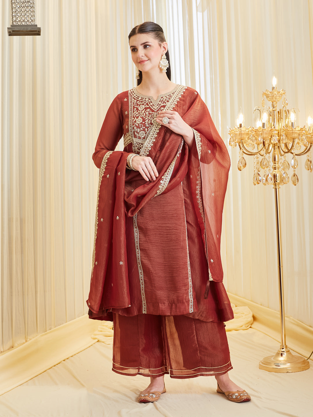 Maroon Silk Zari Embroidered Anarkali Palazzo With Dupatta Set For Women
