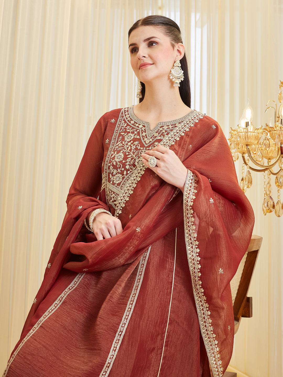Maroon Silk Zari Embroidered Anarkali Palazzo With Dupatta Set For Women