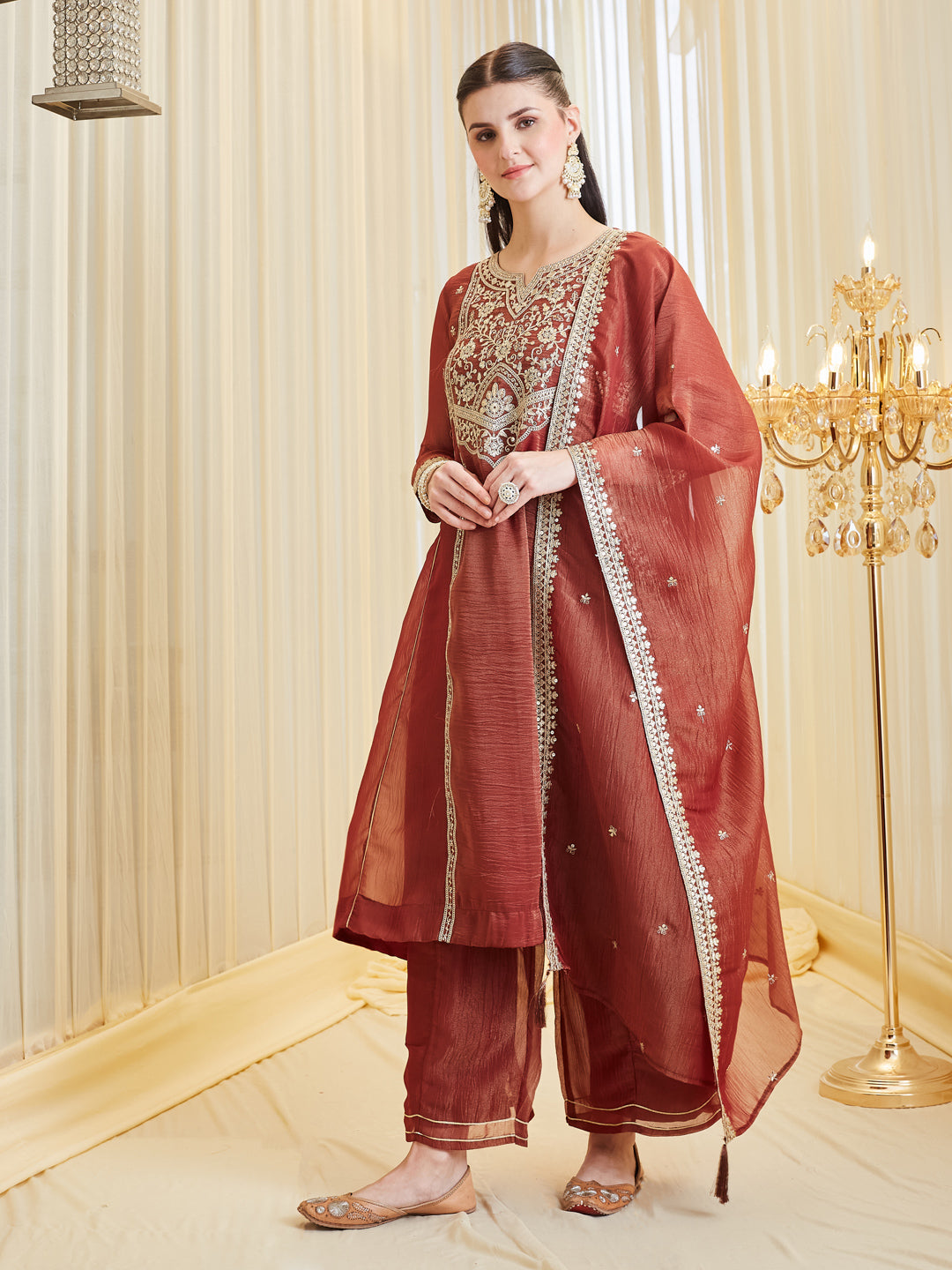 Maroon Silk Zari Embroidered Anarkali Palazzo With Dupatta Set For Women