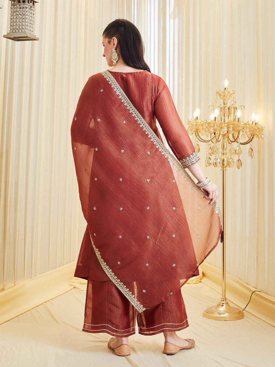 Maroon Silk Zari Embroidered Anarkali Palazzo With Dupatta Set For Women