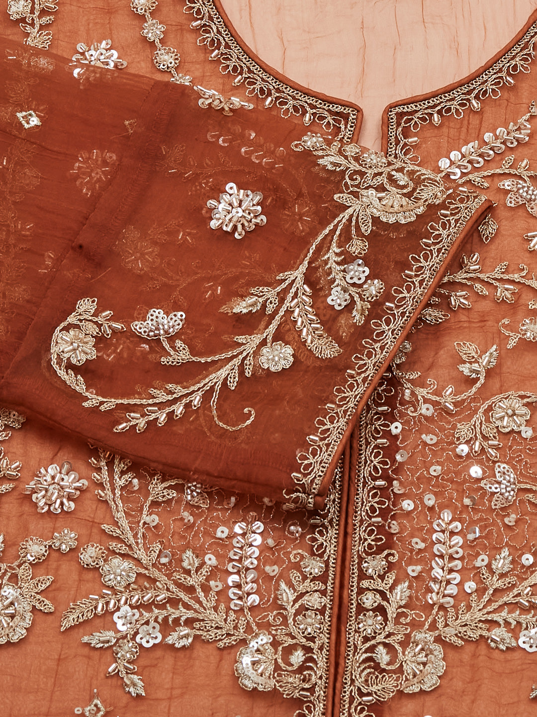 Brown Silk Embroidered Top Palazzo Shrug Set
