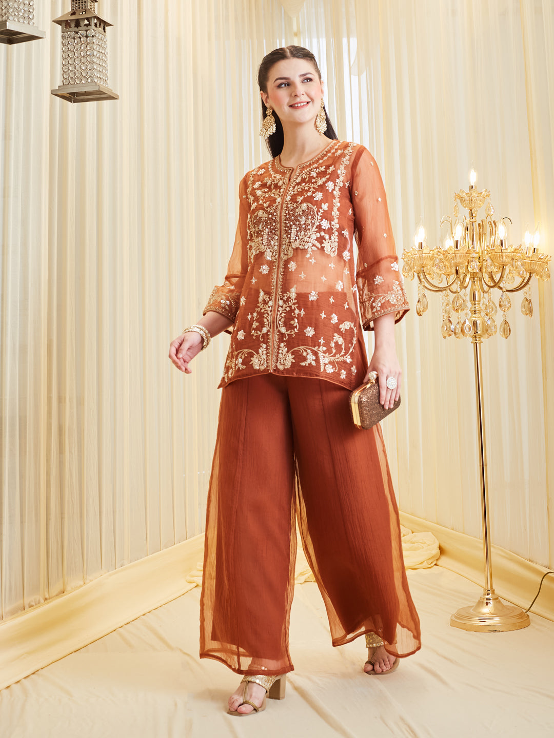 Brown Silk Embroidered Top Palazzo Shrug Set