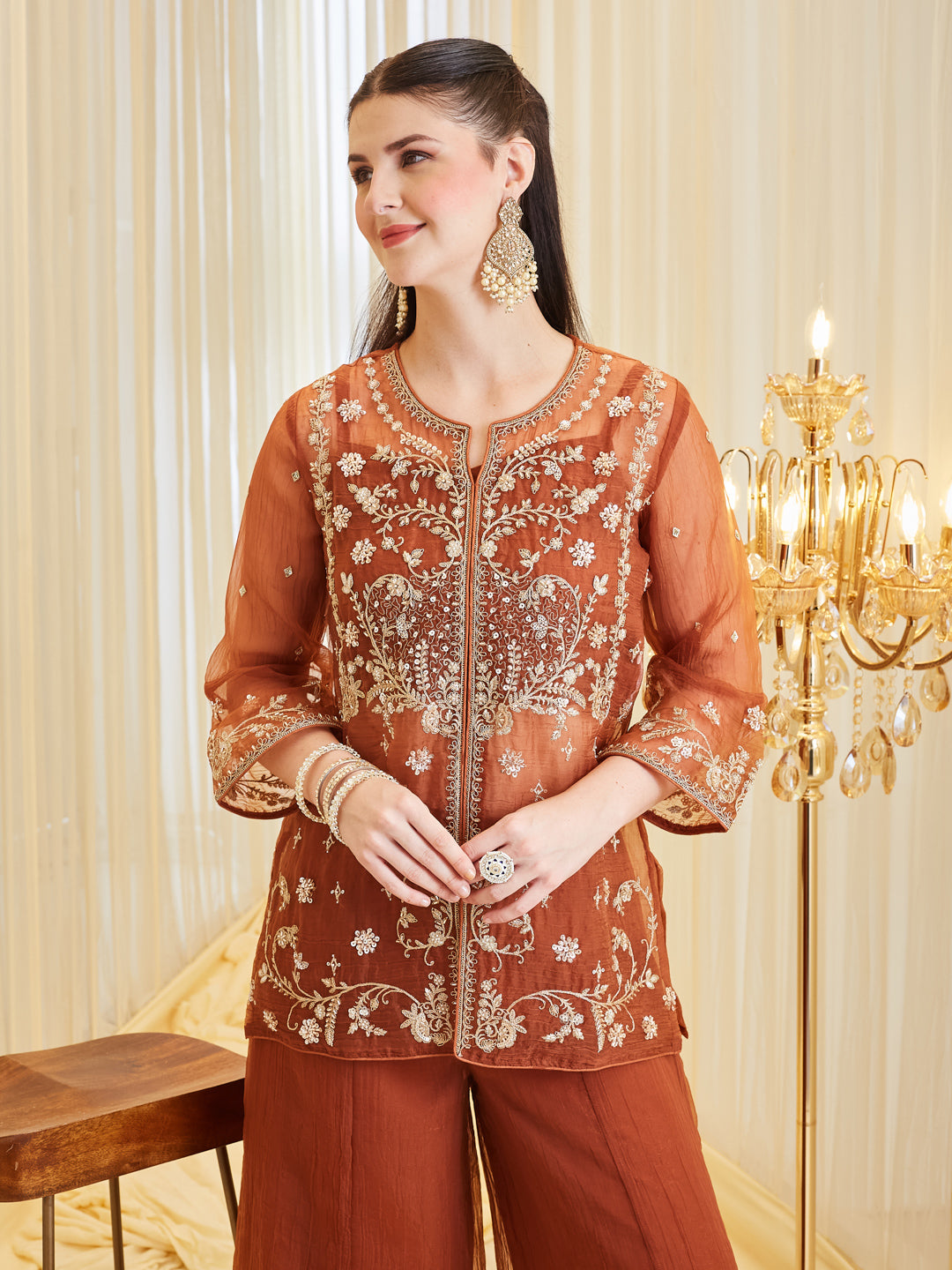 Brown Silk Embroidered Top Palazzo Shrug Set