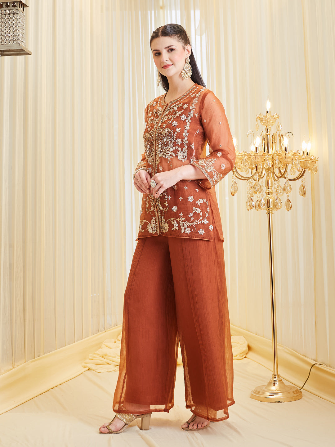 Brown Silk Embroidered Top Palazzo Shrug Set