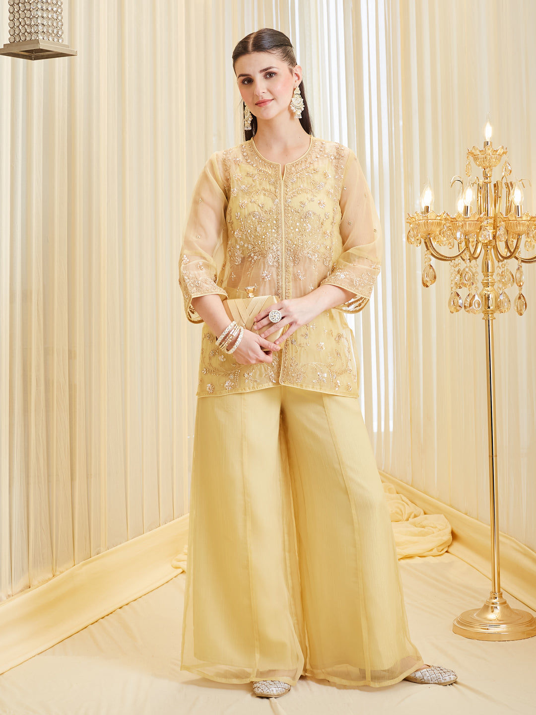 Yellow Silk Embroidered Shrug Set