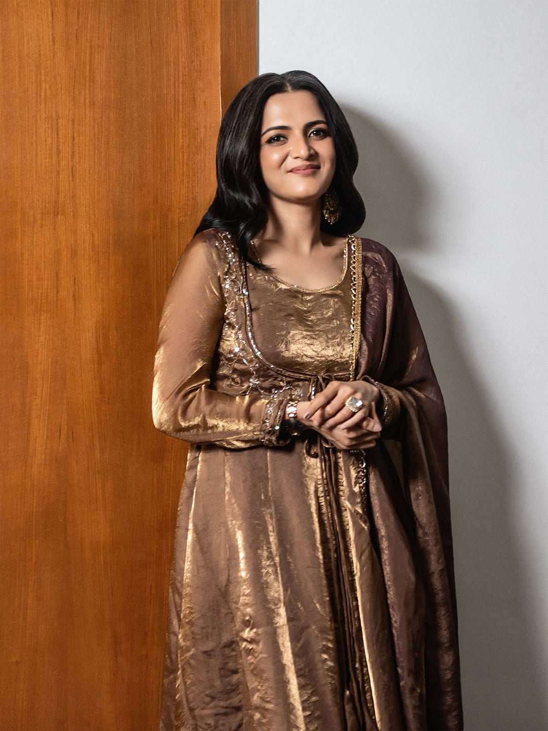 Neelakandan in Colors of Earth - Women’s Brown Silk Embroidered Handwork Anarkali Set