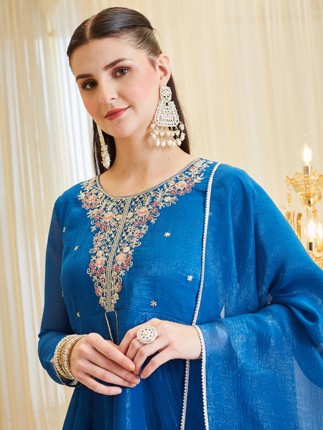 Royal Blue Silk Embroidered Palazzo Suit Set with Dupatta for Women