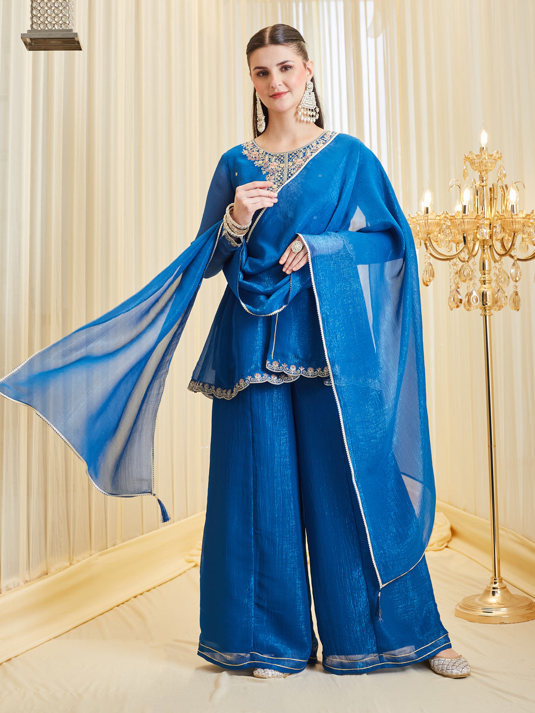 Royal Blue Silk Embroidered Palazzo Suit Set with Dupatta for Women