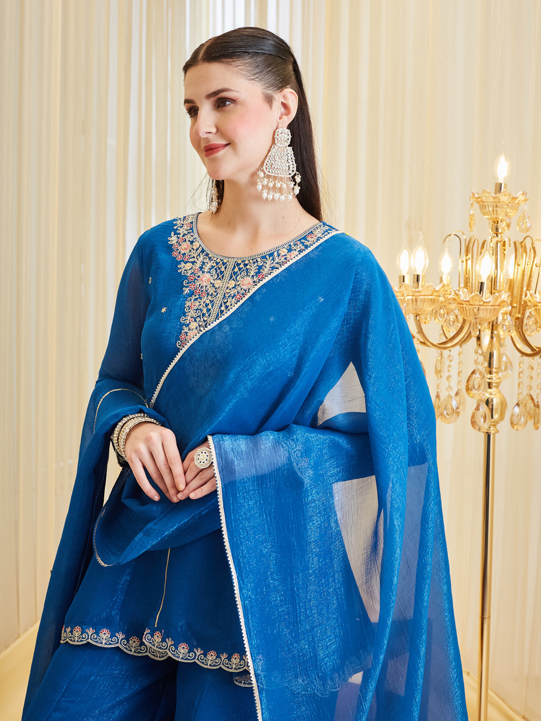Royal Blue Silk Embroidered Palazzo Suit Set with Dupatta for Women