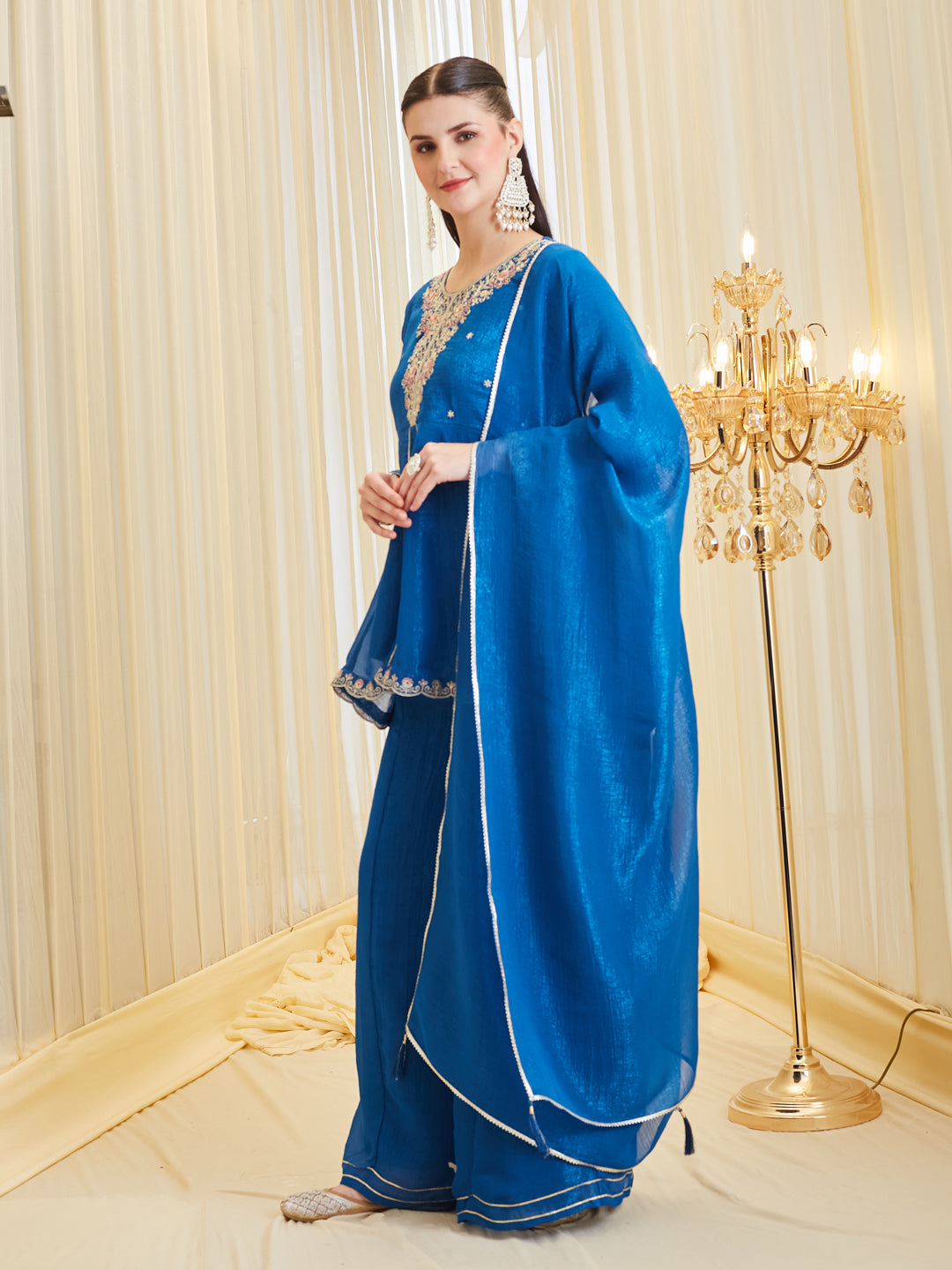 Royal Blue Silk Embroidered Palazzo Suit Set with Dupatta for Women