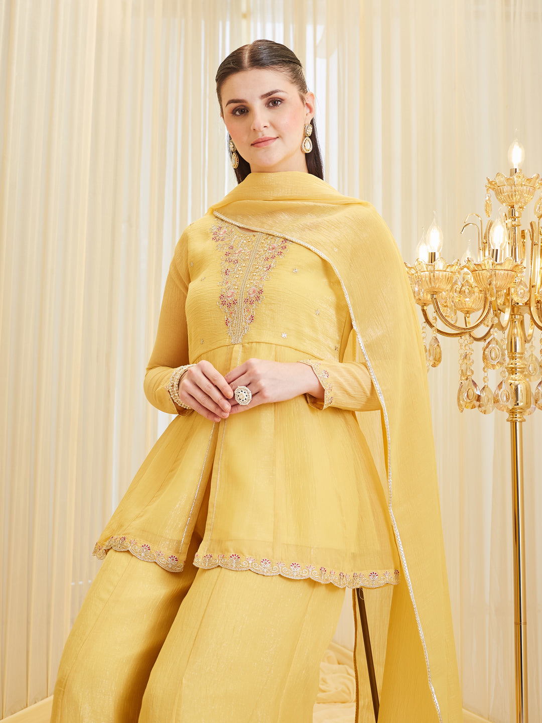 Stylish Yellow Silk Embroidered Ethnic Set With Dupatta For Women
