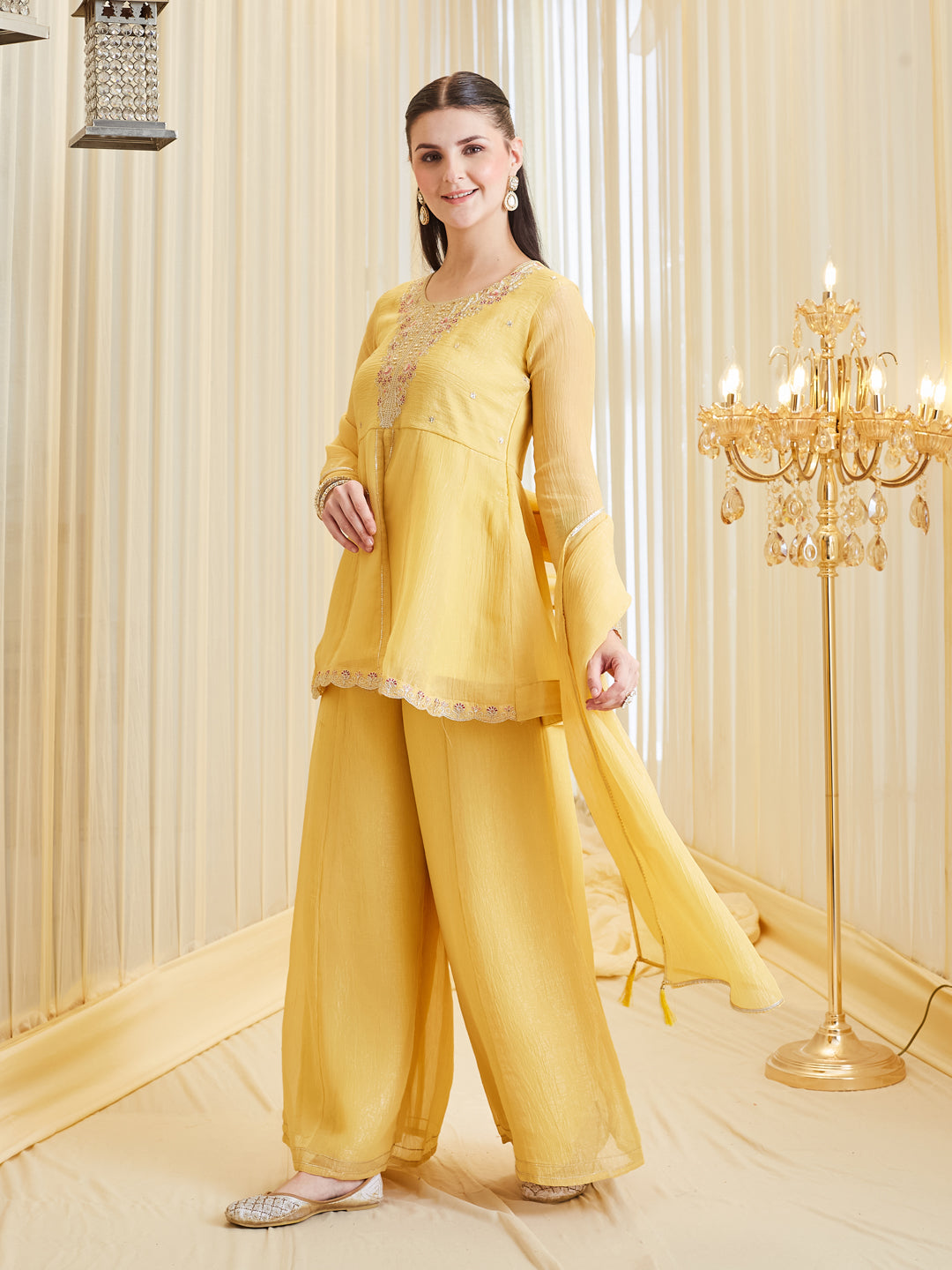 Stylish Yellow Silk Embroidered Ethnic Set With Dupatta For Women