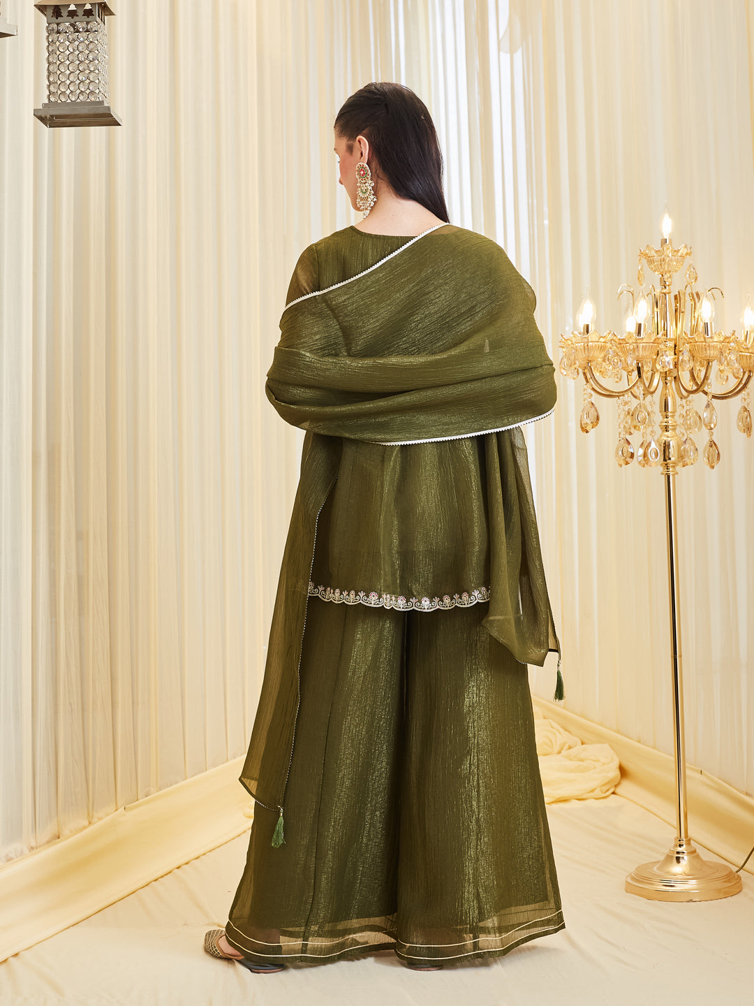 Trendy Green Silk Embroidered Kurta Palazzo Set With Dupatta For Women