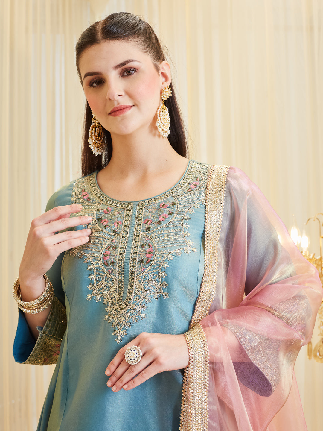 Blue Silk Solid Embroidered Kurta & Palazzo With Dupatta Set For Women