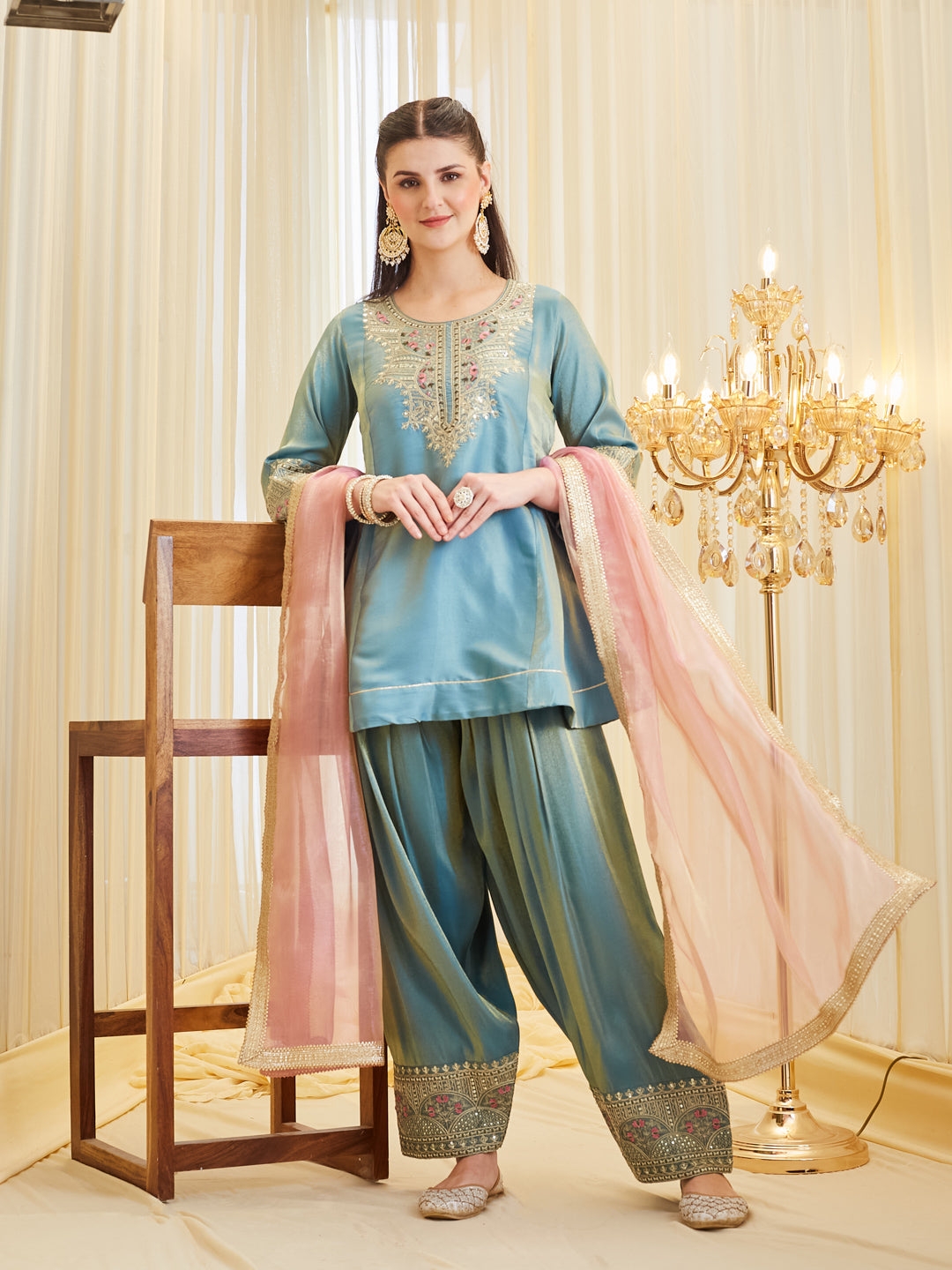 Blue Silk Solid Embroidered Kurta & Palazzo With Dupatta Set For Women