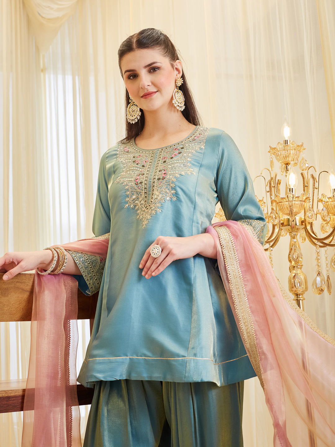 Blue Silk Solid Embroidered Kurta & Palazzo With Dupatta Set For Women