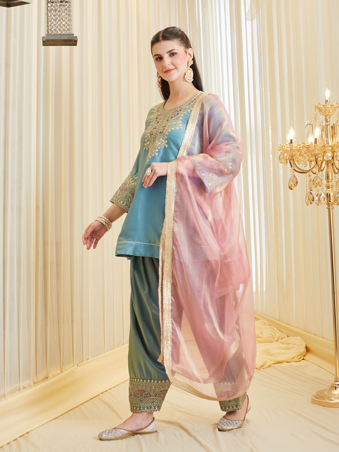 Blue Silk Solid Embroidered Kurta & Palazzo With Dupatta Set For Women