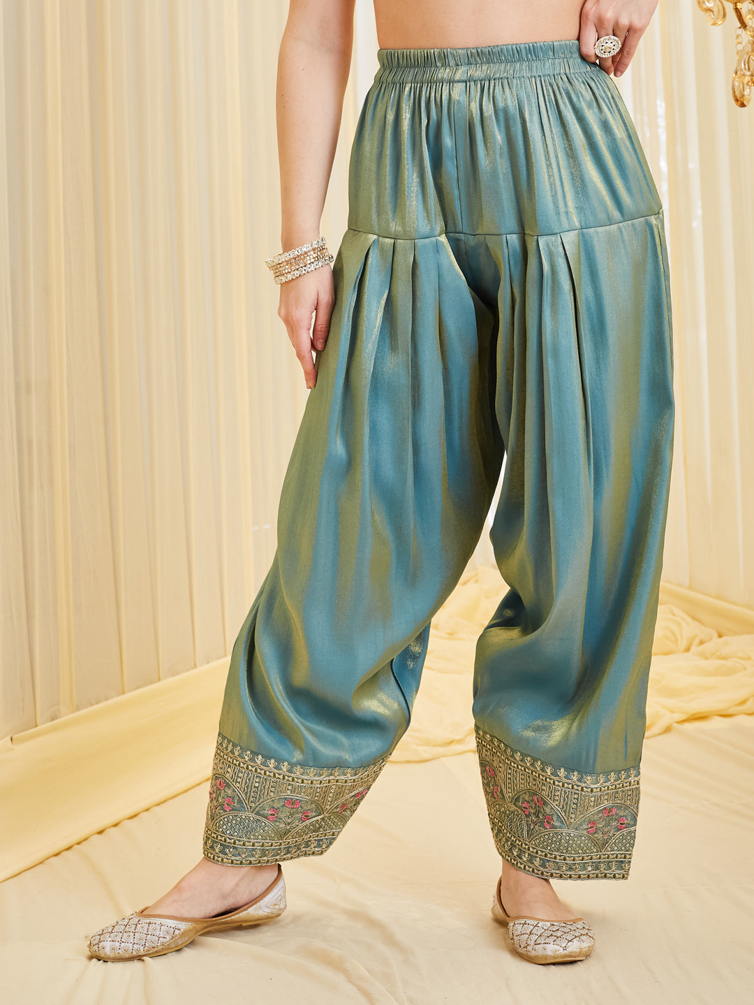 Blue Silk Solid Embroidered Kurta & Palazzo With Dupatta Set For Women
