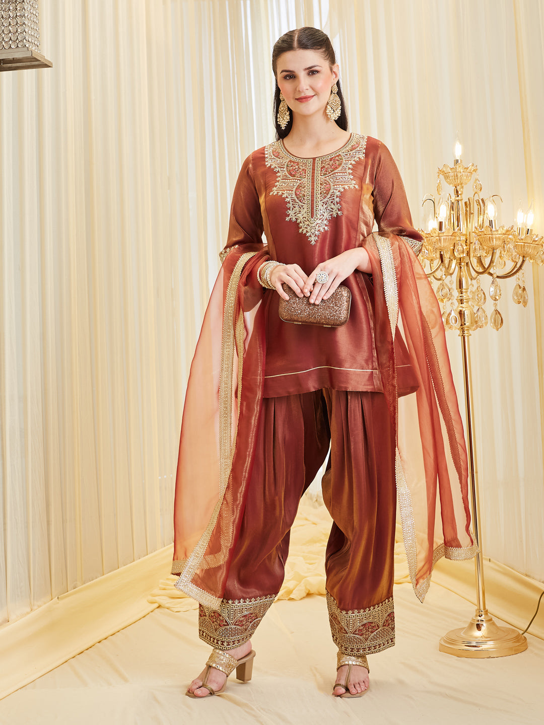 Maroon Silk Embroidered Farshi Palazzo Set With Dupatta For Women
