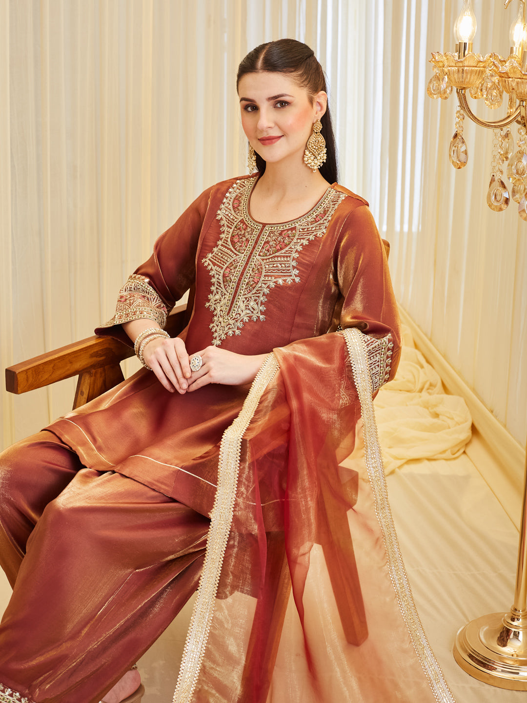 Maroon Silk Embroidered Farshi Palazzo Set With Dupatta For Women