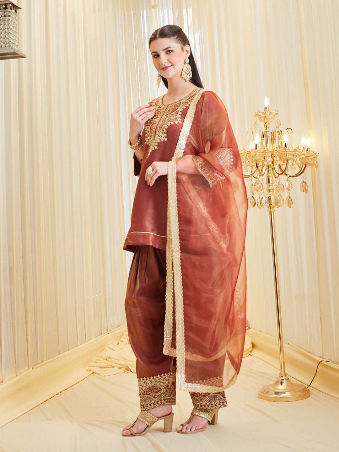 Maroon Silk Embroidered Farshi Palazzo Set With Dupatta For Women