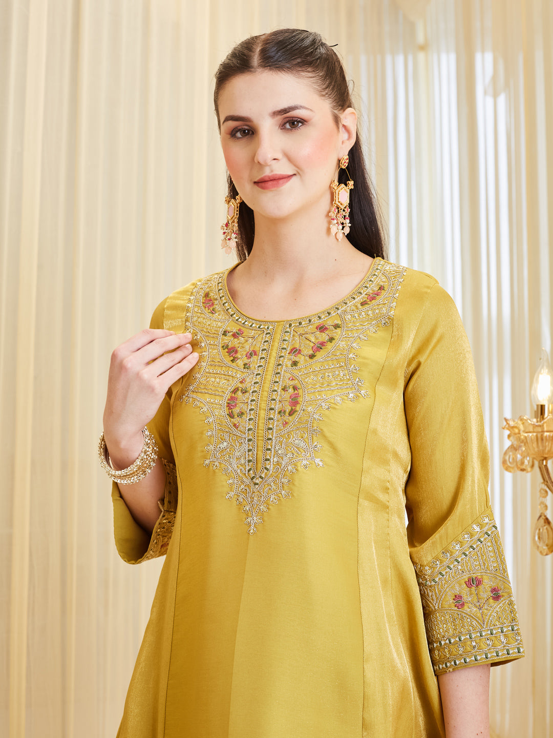 Yellow Silk Embroidered Ethic Palazzo Set With Dupatta For Women