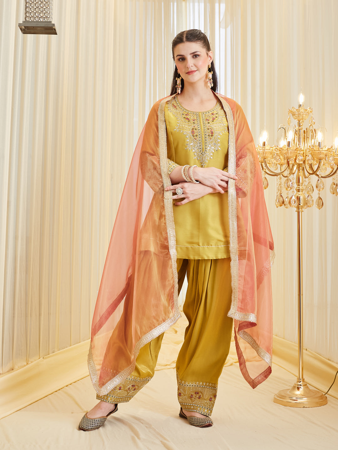 Yellow Silk Embroidered Ethic Palazzo Set With Dupatta For Women