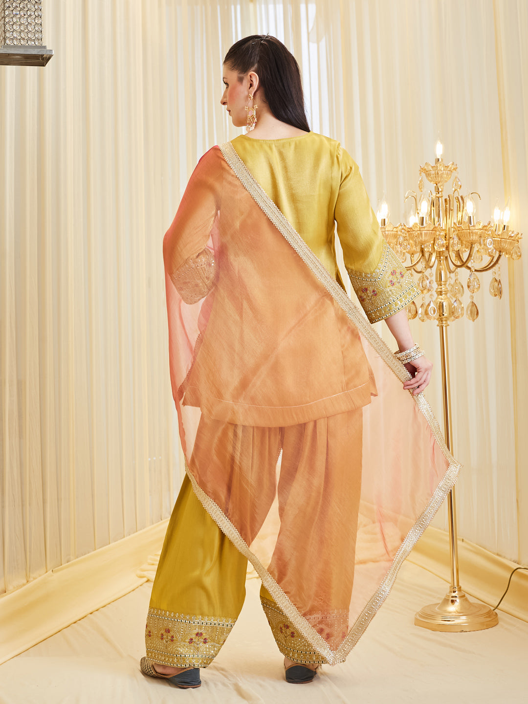 Yellow Silk Embroidered Ethic Palazzo Set With Dupatta For Women