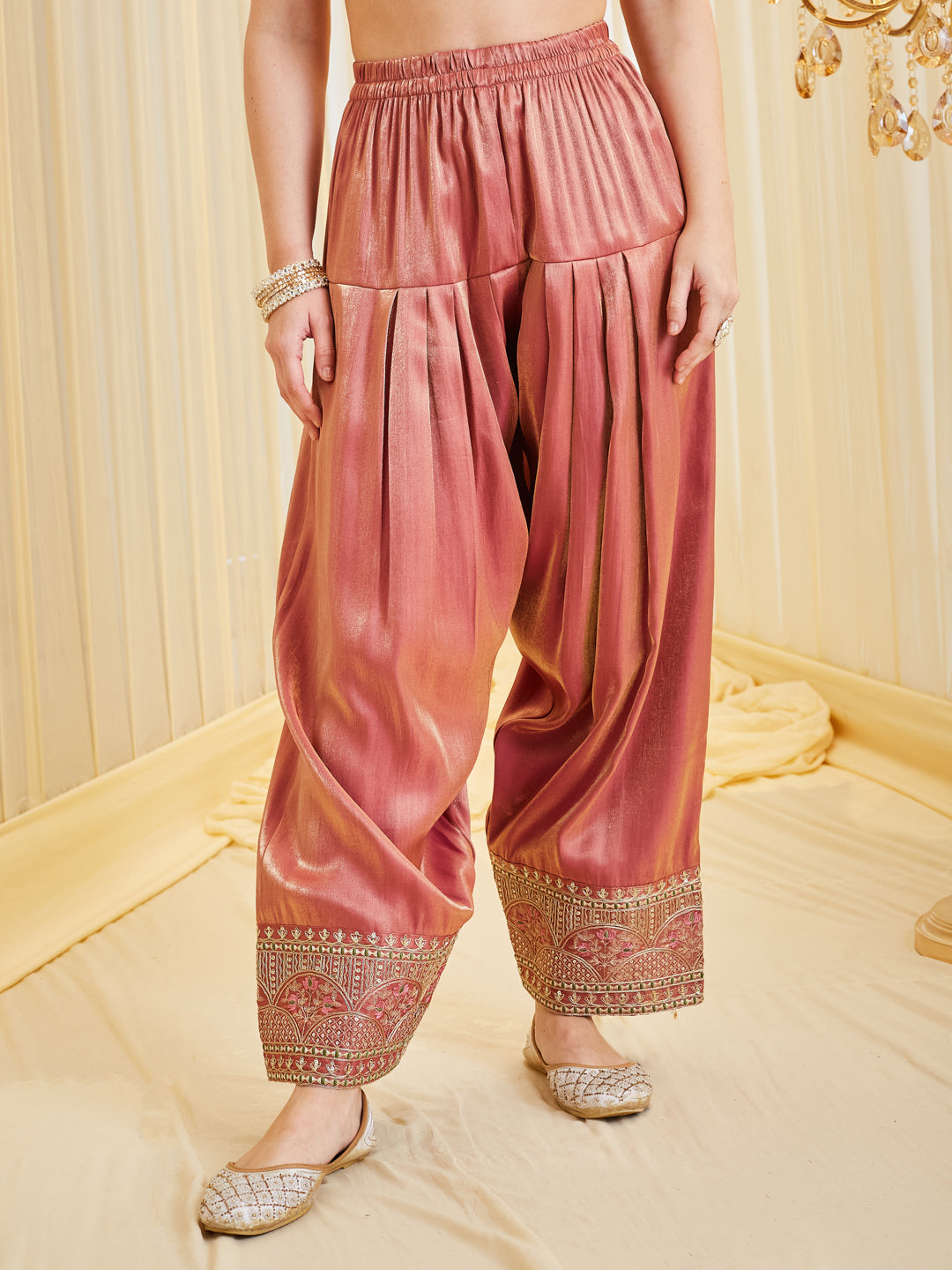 Pink Floral Zari Silk Embroidered Farshi Palazzo With Dupatta Set For Women