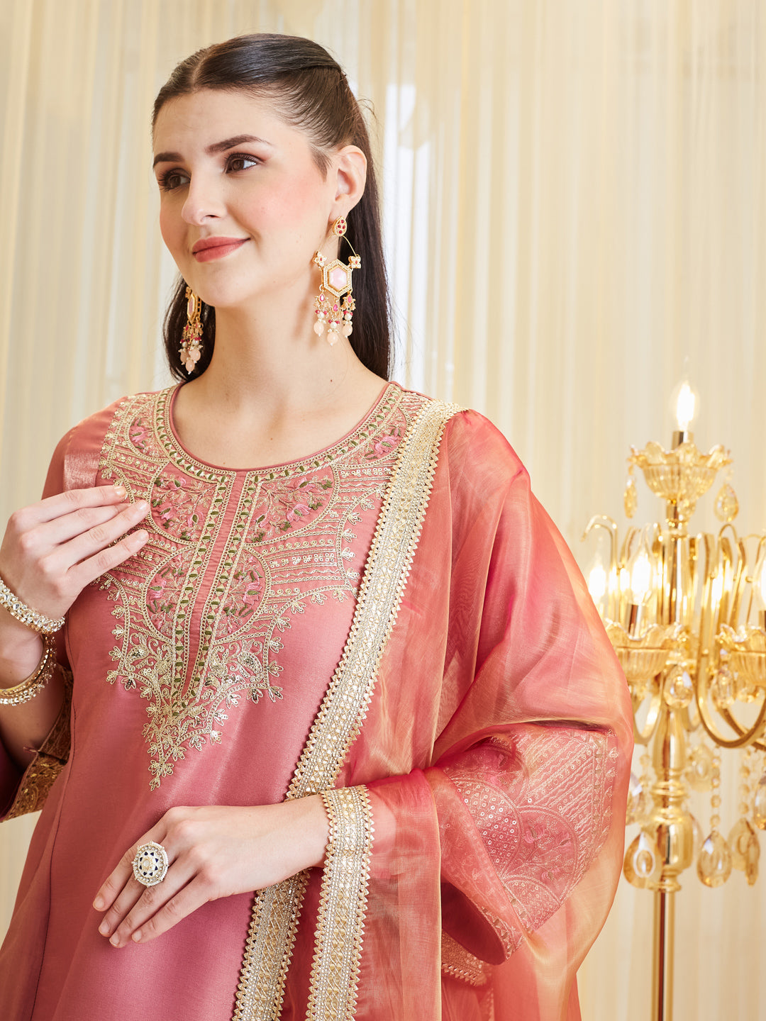 Pink Floral Zari Silk Embroidered Farshi Palazzo With Dupatta Set For Women