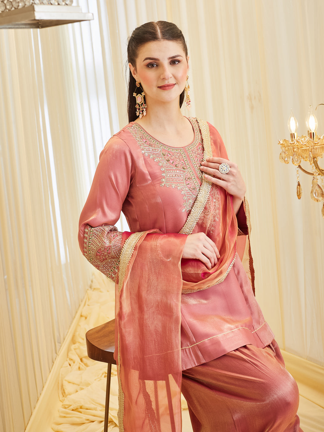 Pink Floral Zari Silk Embroidered Farshi Palazzo With Dupatta Set For Women