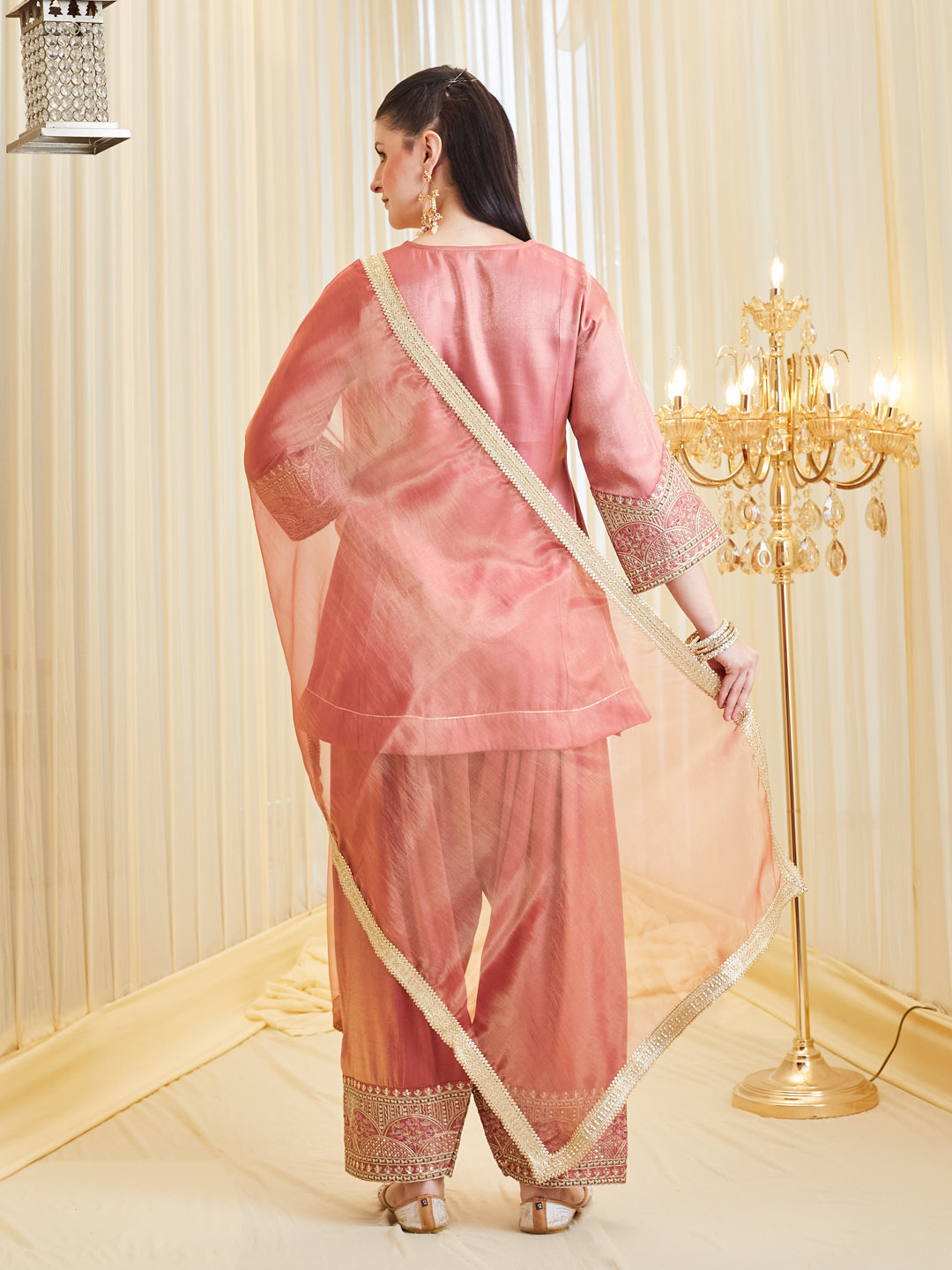 Pink Floral Zari Silk Embroidered Farshi Palazzo With Dupatta Set For Women
